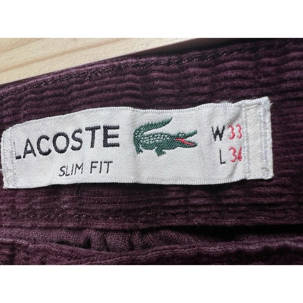 Lacoste Corduroy Jeans Mens 33x34 Slim Fit Button Fly Griotte Cherry Red